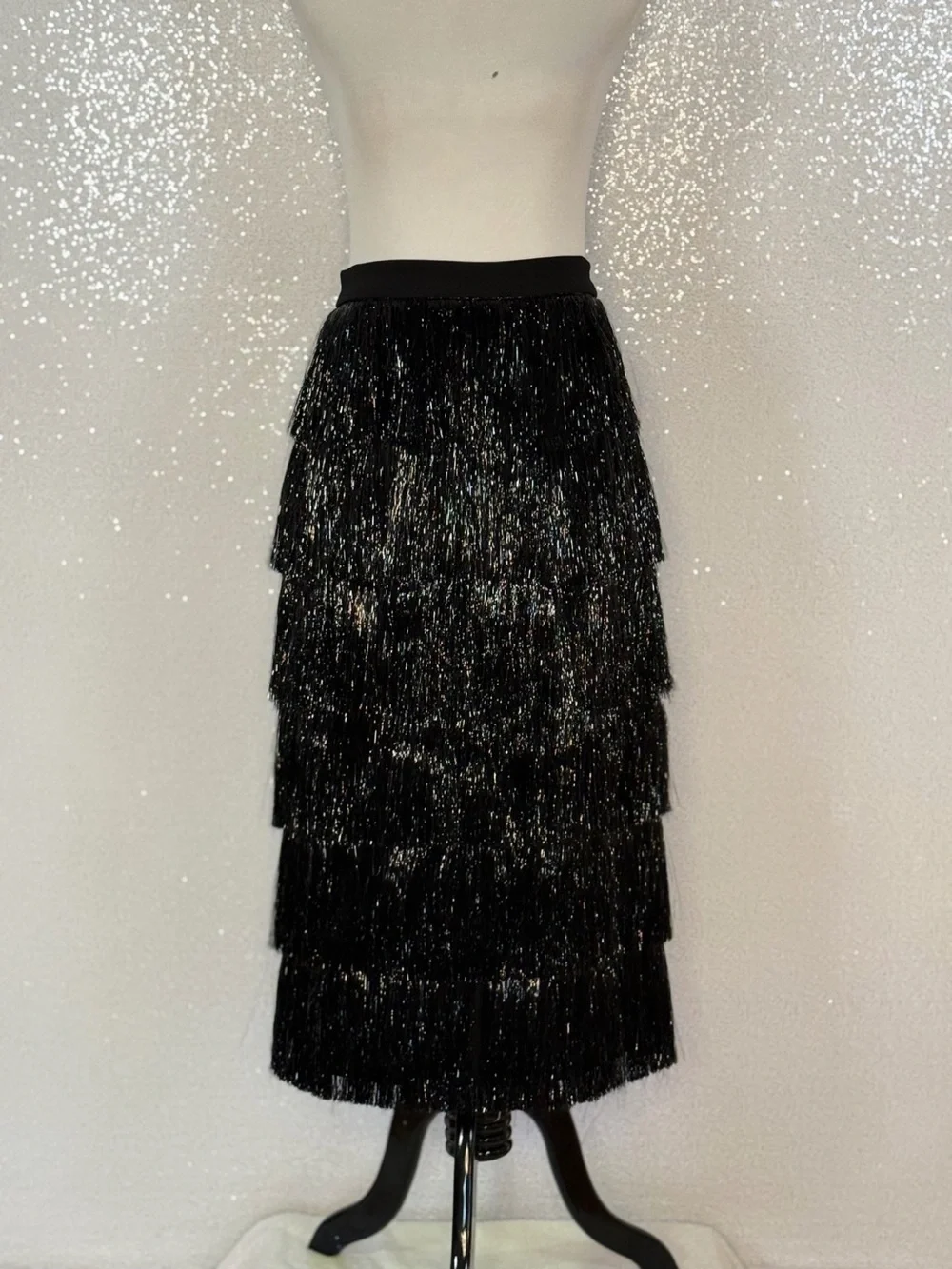 Antonio Melani Yara Fringe Midi Skirt NWT Size 6 Black Metallic Tiered Shimmer